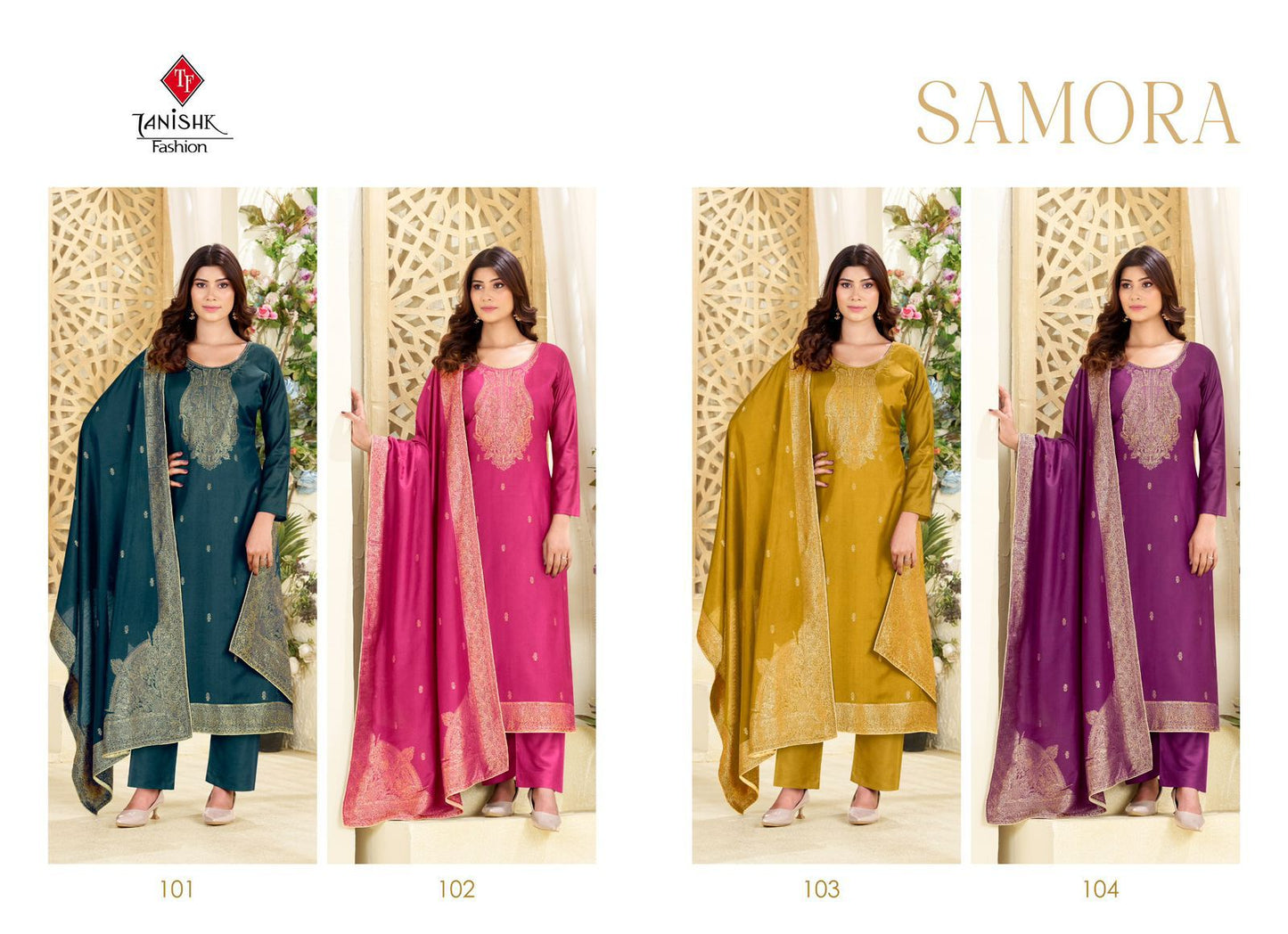 Samora Tanishk Fashion Muslin Jacquard Pant Style Suits Wholesaler
