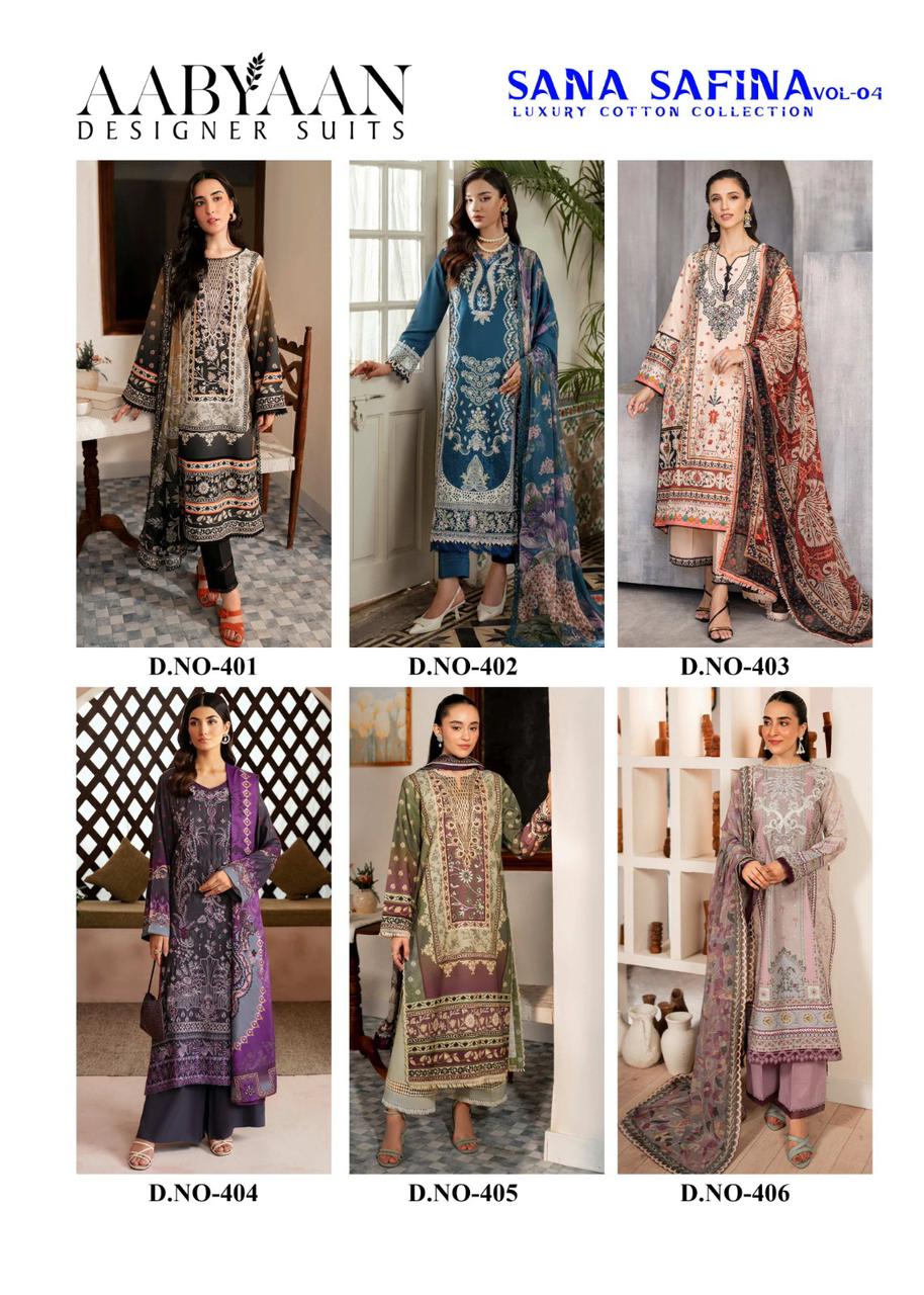 Sana Safina Vol 4 Luxury Cotton Collection Aabyaan Karachi Salwar Suits Wholesaler India