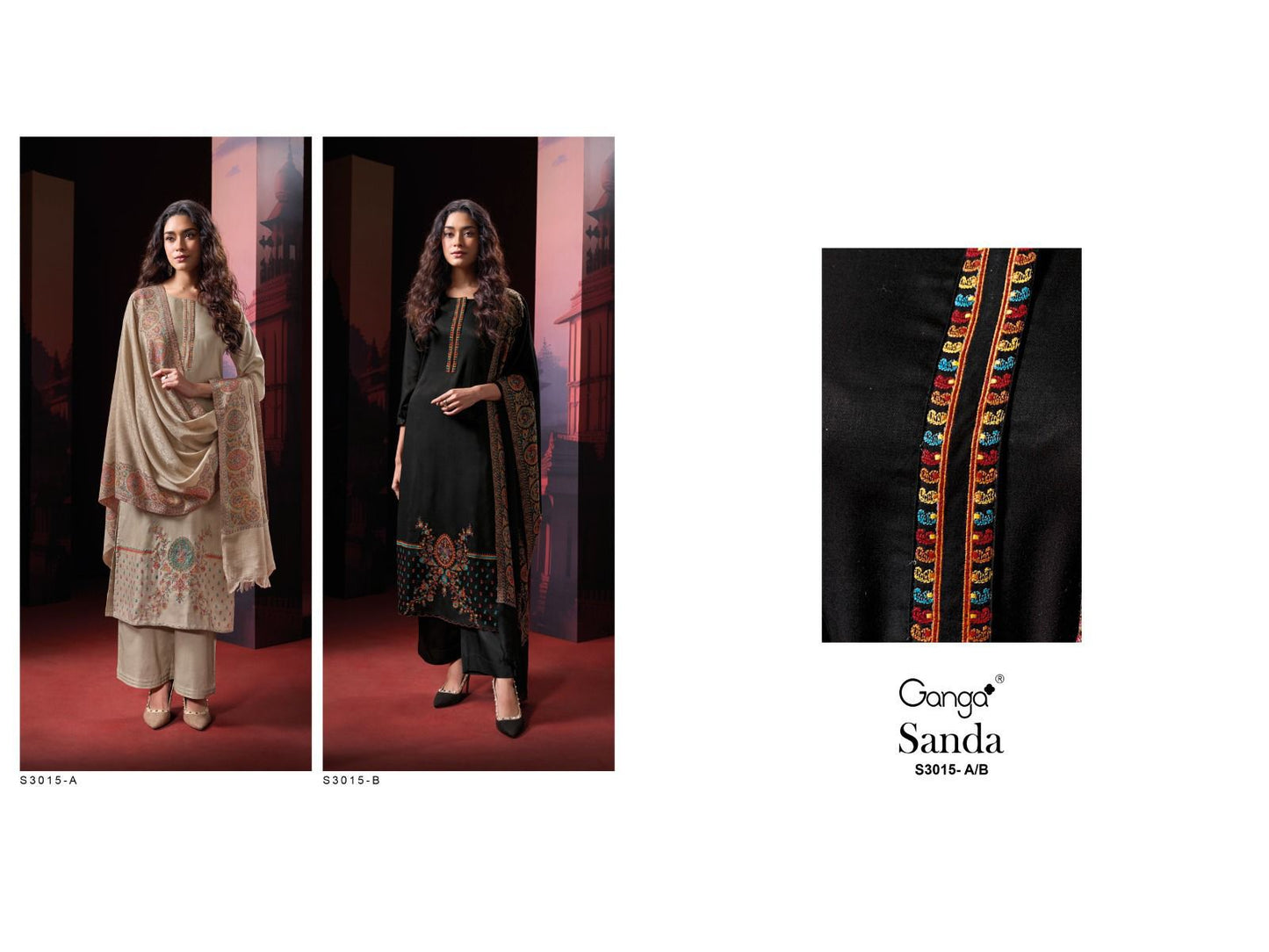 Sanda S3015 Ganga Dobby Pashmina Suits Wholesaler Ahmedabad