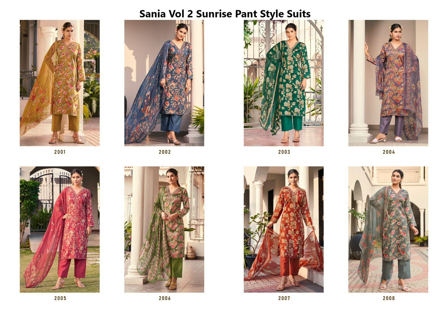 Sania Vol 2 Sunrise Jam Satin Pant Style Suits Wholesaler