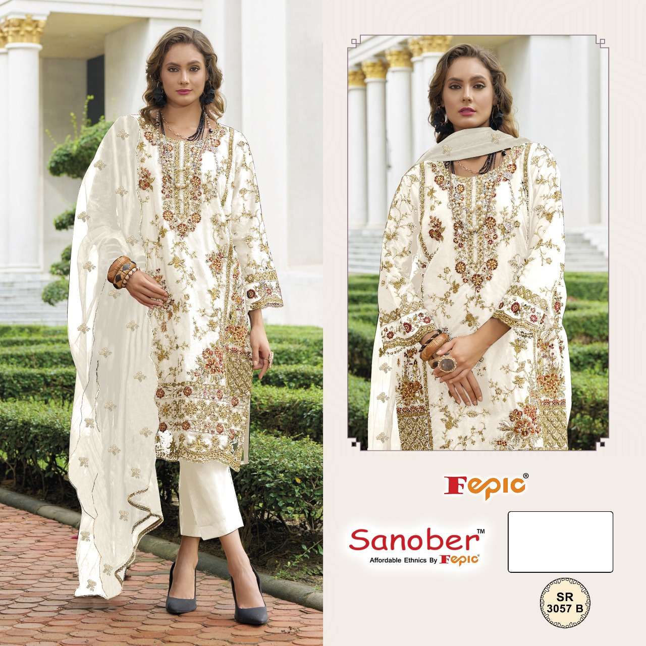 Sanober Sr 3057 Black-White Fepic Organza Pakistani Readymade Suits Exporter India