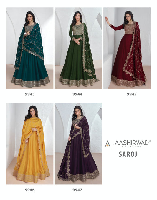 Saroj Aashirwad Creation Premium Silk Gown Dupatta Set