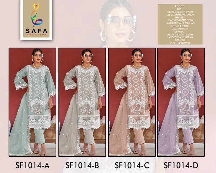 Sf-1014Abcd Safa Creation Organza Pakistani Readymade Suits Exporter India