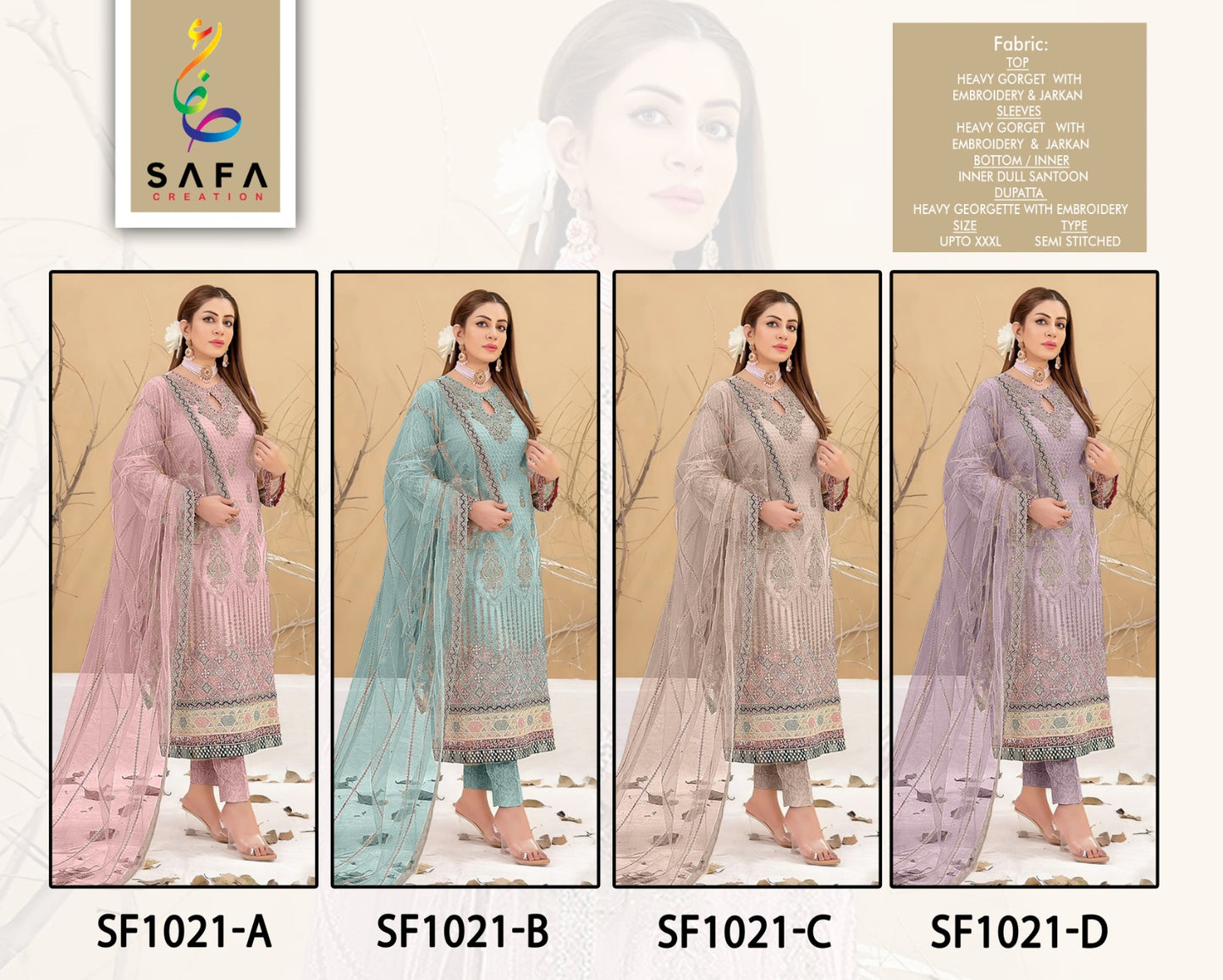 Sf-1021Abcd Safa Creation Georgette Pakistani Salwar Suits Supplier India