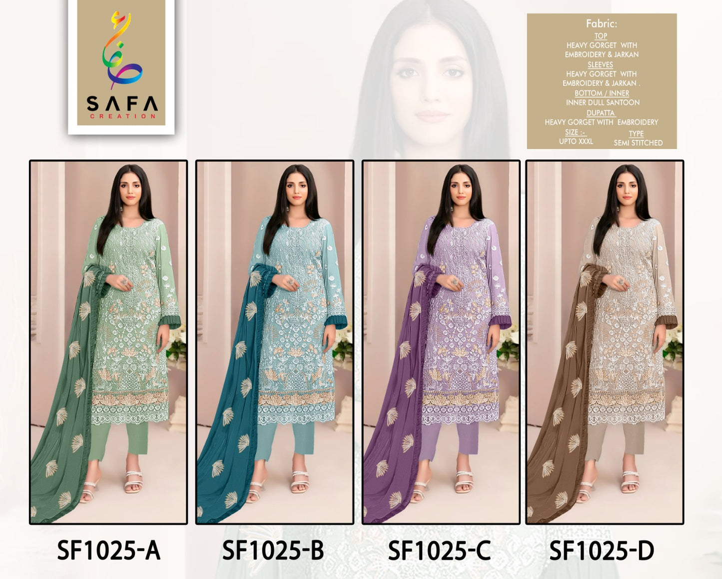 Sf1025Abcd Safa Creation Georgette Pakistani Salwar Suits Wholesale Rate