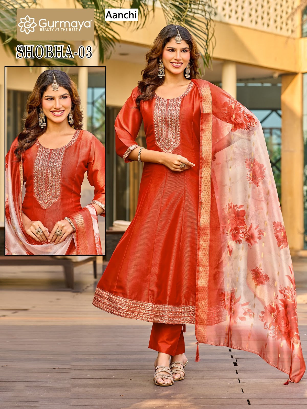 Shobha Gurmaya Aanchi Tissue Shimmer Readymade Anarkali Suits Manufacturer India