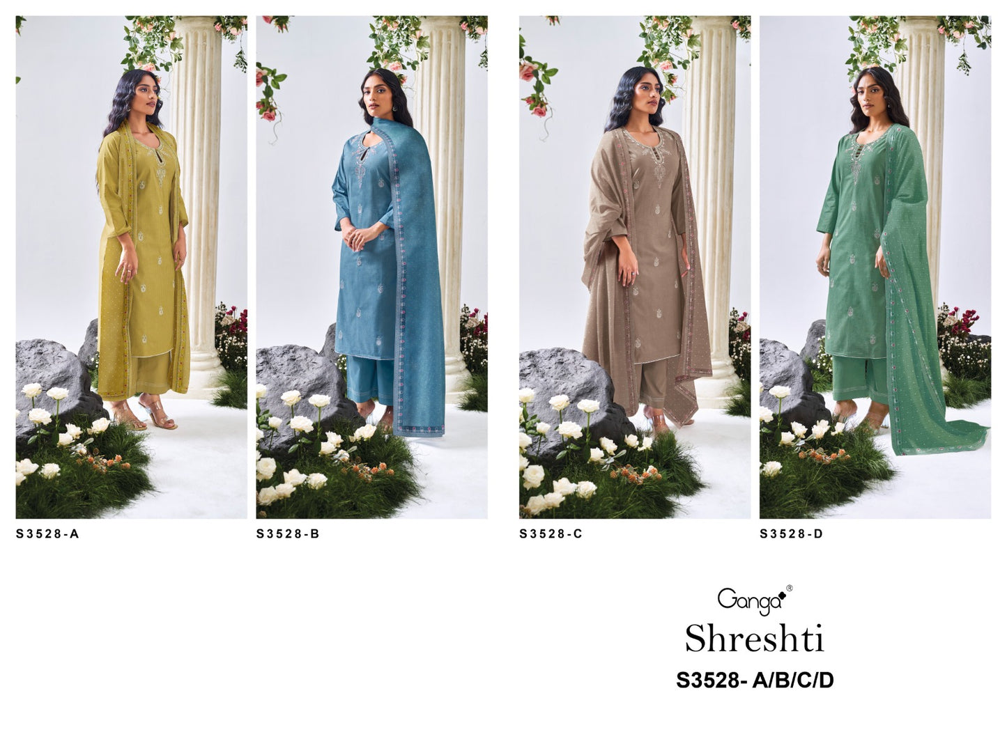 Shreshti 3528 Ganga Premium Cotton Plazzo Style Suits Exporter Gujarat
