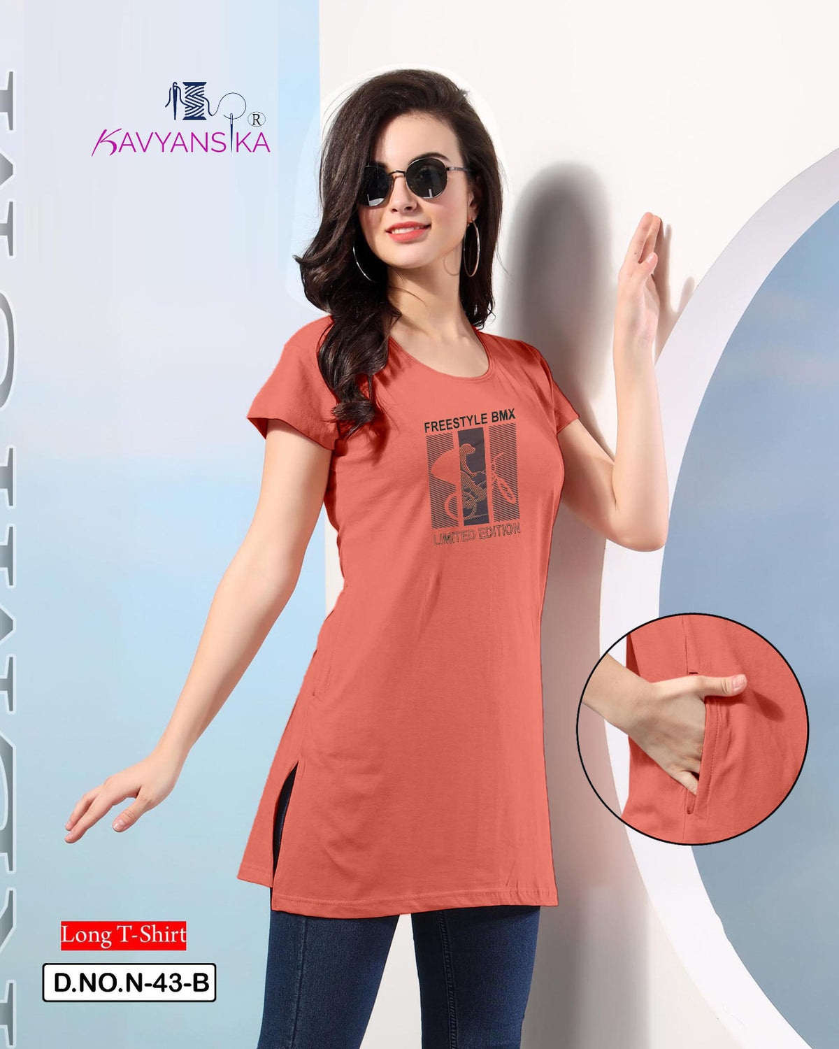 Side Pocket Design 43 Kavyansika Hosiery Cotton Women Long Tshirt Supplier Gujarat