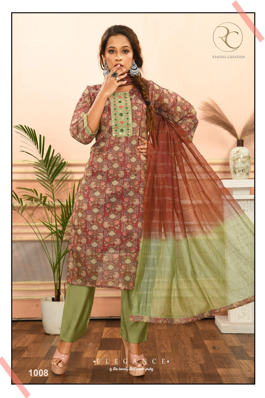 Simar Ramdev Creation Tissue Readymade Pant Style Suits Wholesale Rate