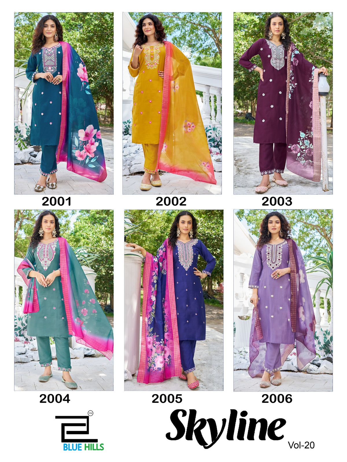 Skyline Vol 20 Blue Hills Chinon Silk Readymade Pant Style Suits Wholesale Rate