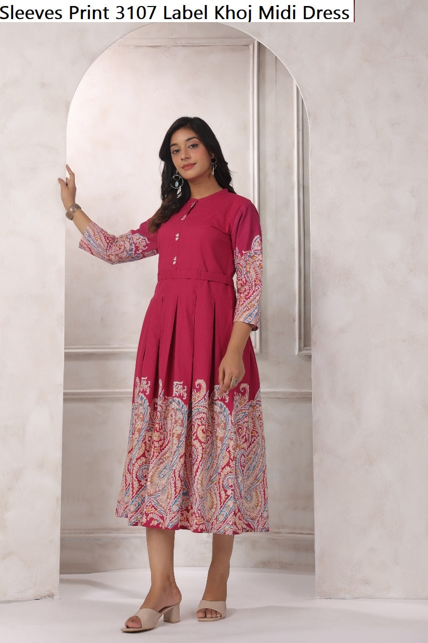 Sleeves Print 3107 Label Khoj Cotton Midi Dress Exporter Gujarat