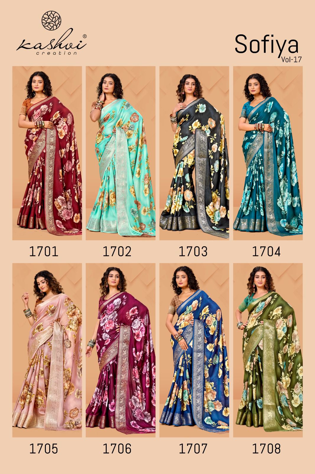 Sofiya Vol 17 Kashvi Creation Dull Moss Sarees Wholesale Rate
