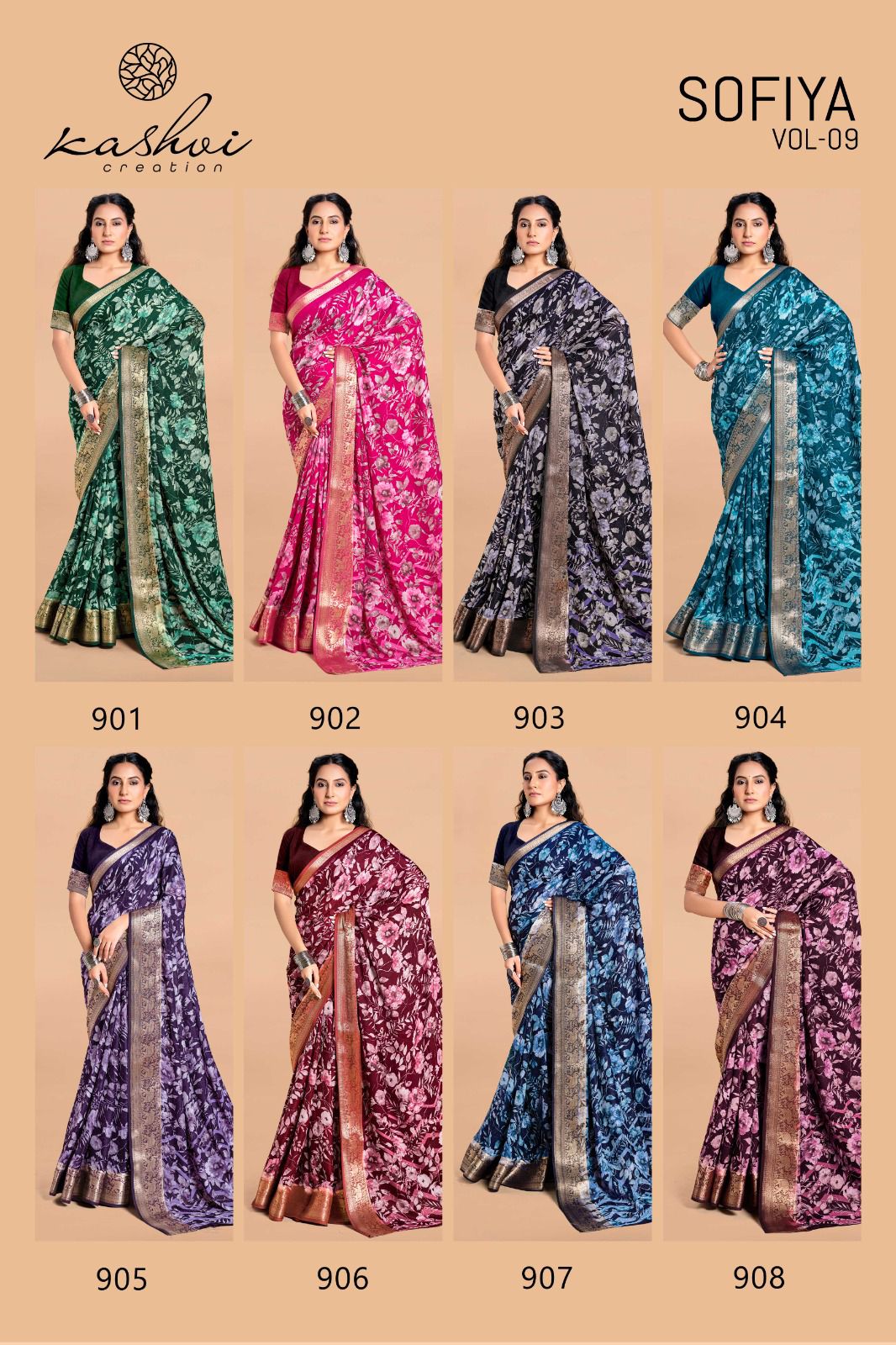 Sofiya Vol 9 Kashvi Creation Dull Moss Sarees Wholesale Rate