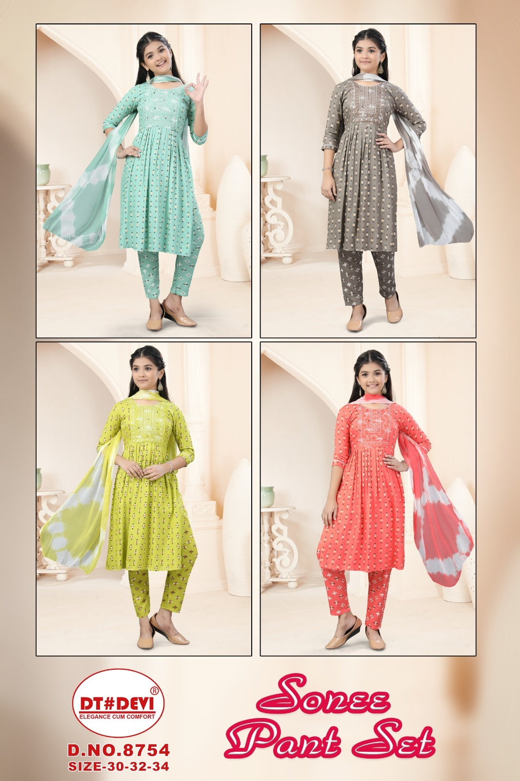 Sonee 8754 Dt Devi Rayon Girls Readymade Pant Suits Exporter Ahmedabad