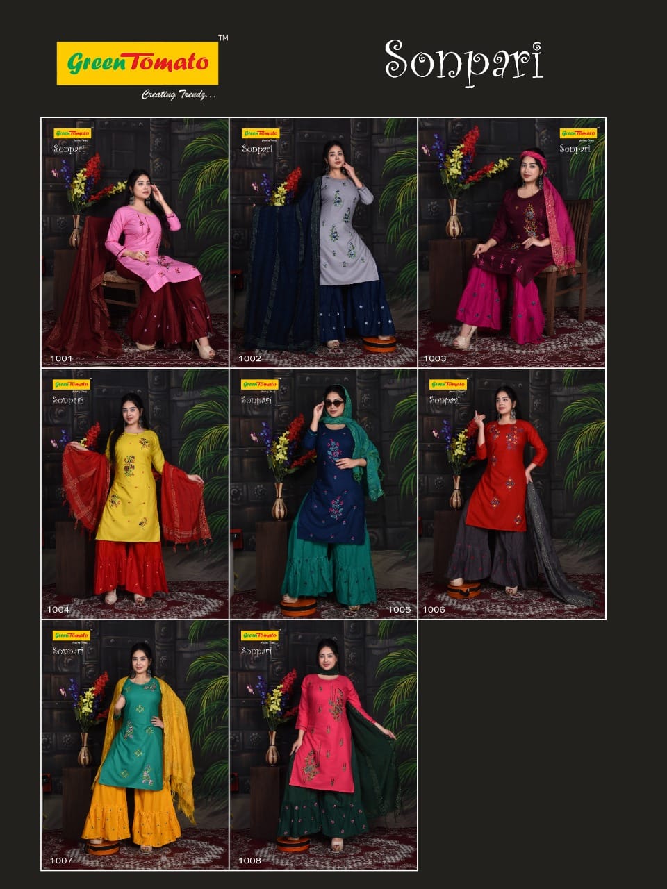 Sonpari Green Tomato Rayon Readymade Sharara Suits Supplier Ahmedabad