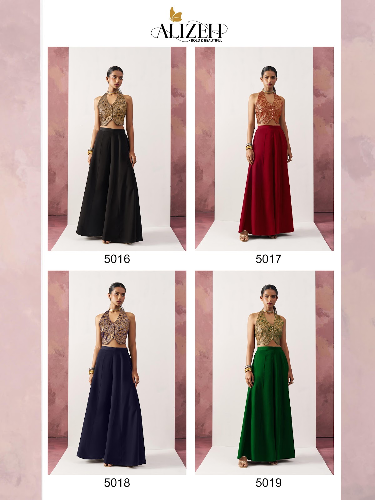 Starlet 5016-5018 Alizeh Jacquard Crop Top Shurg Palazzo Set Exporter India