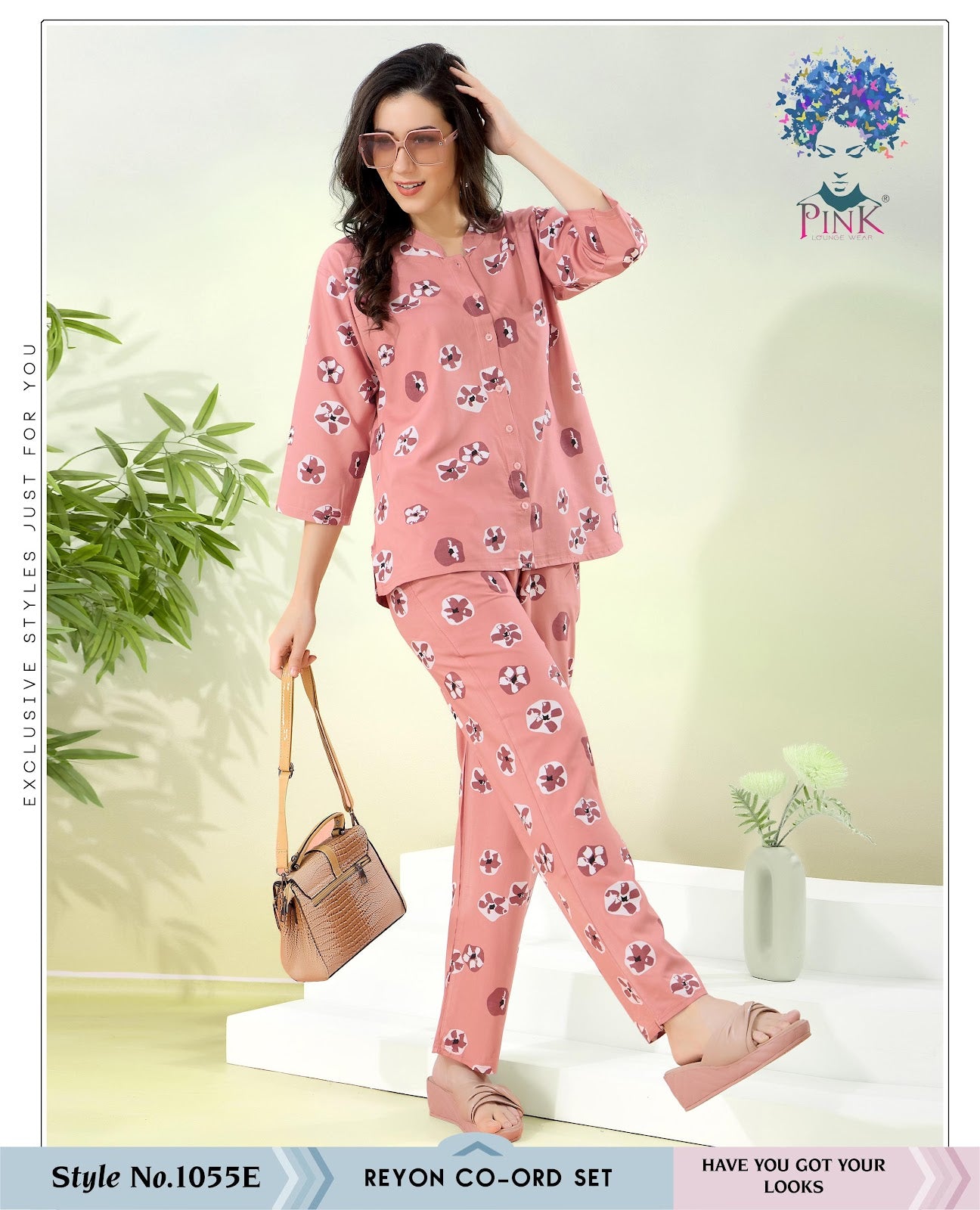 Style 1055 E Pink Reyon Co Ord Set Wholesale