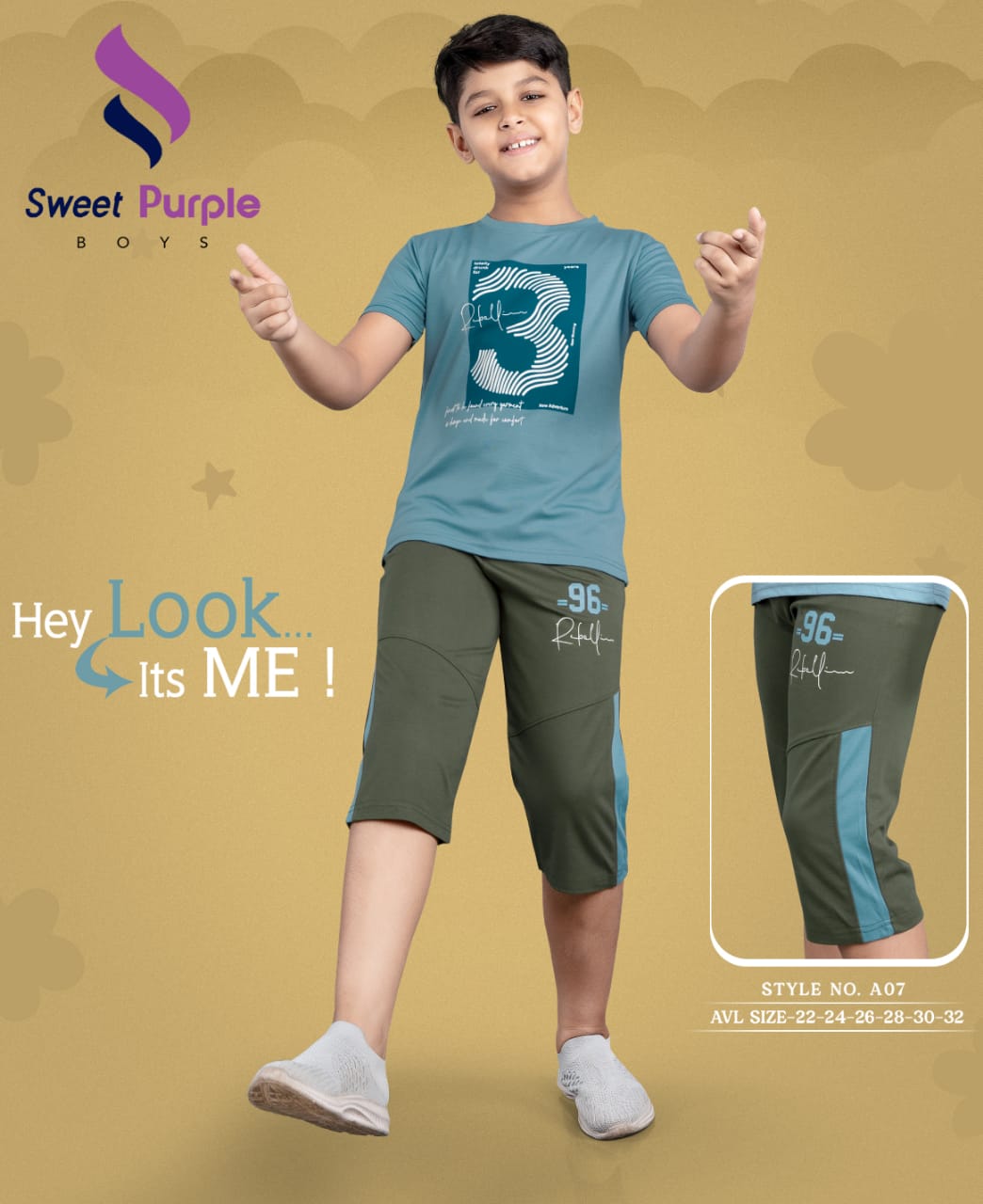 Style Ao7 Sweet Purple Tencil Lycra Boys Capri Night Suit Manufacturer India