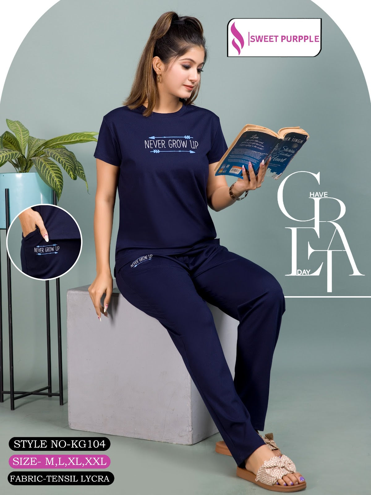 Style No Kg104 Sweet Purple Tencil Lycra Pyjama Night Suits Exporter