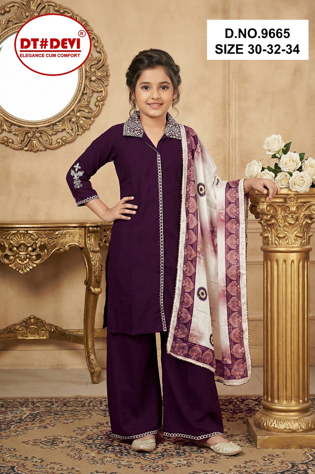 Subbu 2 Dn 9665 Dt Devi Vetican Silk Girls Readymade Palazzo Suits Supplier Gujarat