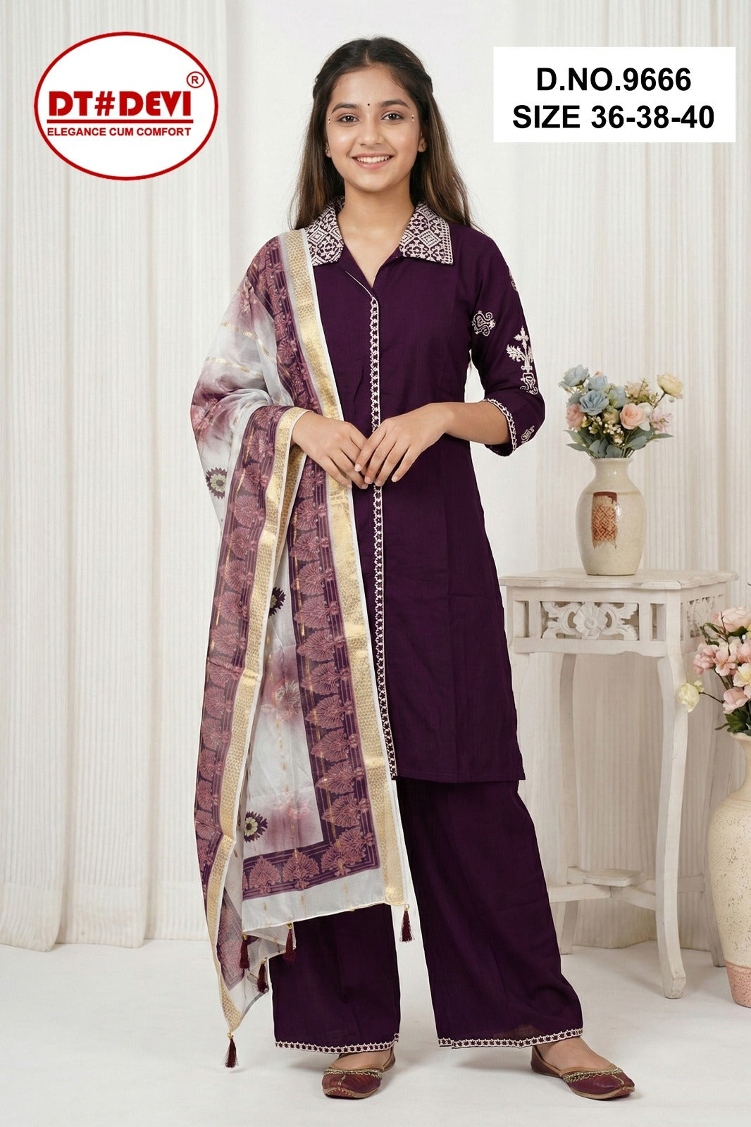 Subhrata 2 Dn 9666 Dt Devi Vetican Silk Readymade Plazzo Style Suits Exporter Gujarat