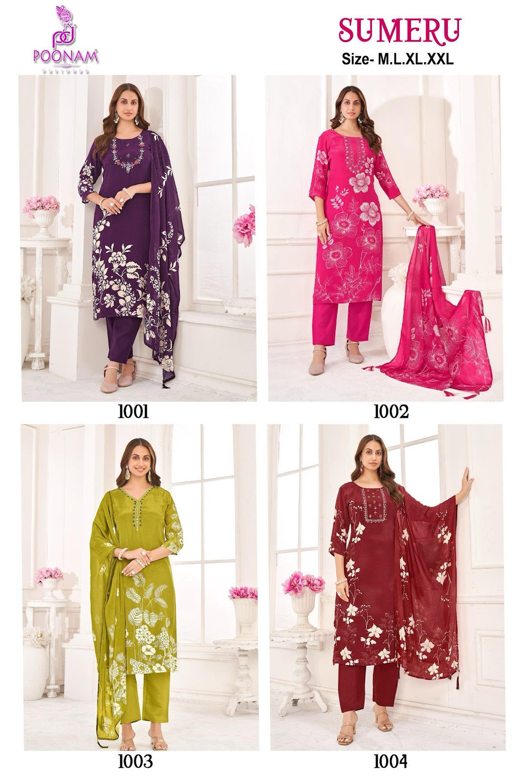 Sumeru Poonam Designer Natural Crepe Readymade Pant Style Suits Supplier