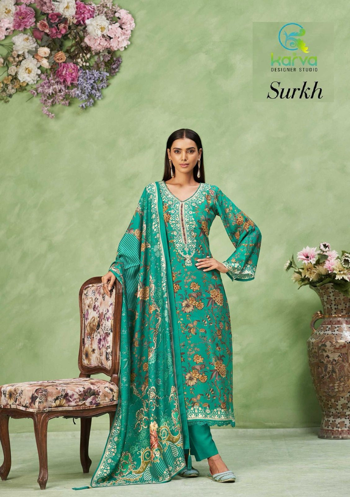 Surkh Vol 2 Karva Designer Studio Viscose Muslin Pant Style Suits Supplier India