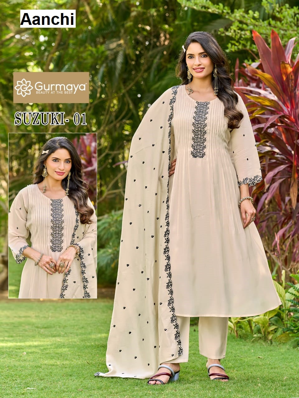 Suzuki Gurmaya Aanchi Mul Chanderi Readymade Suits Wholesaler Ahmedabad