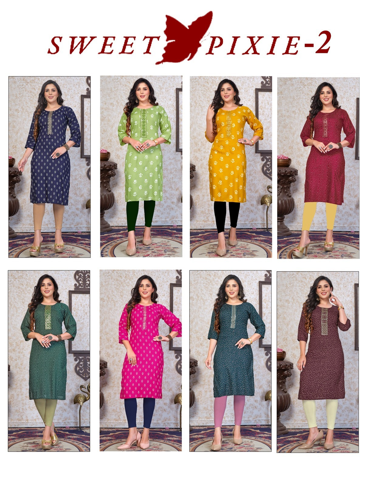 Sweet Pixie 2 Mlm Kalash Lifestyle Rayon 14Kg Straight Cut Kurtis Supplier Ahmedabad