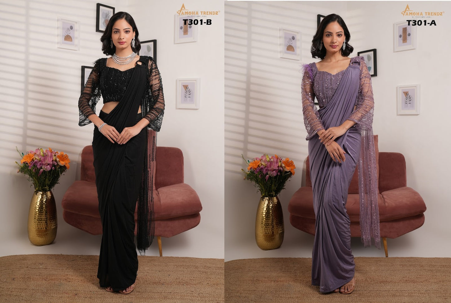 T301Ab Amoha Lycra Ready To Wear Saree Wholesaler Ahmedabad