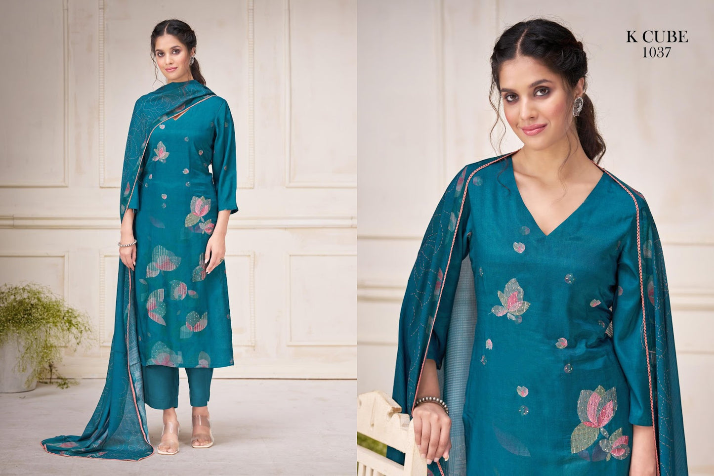 Tanvi 1037 K Cube Muslin Silk Pant Style Suits Supplier India