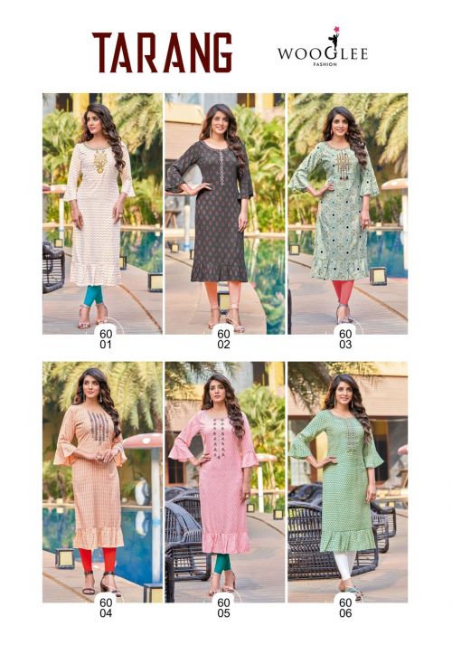 Tarang Wooglee Rayon Knee Length Kurtis Wholesaler