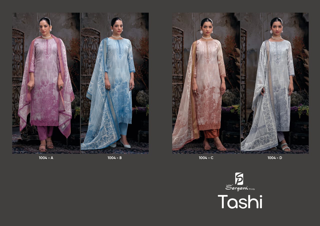 Tashi Sargam Prints Pure Linen Pant Style Suits Manufacturer Gujarat