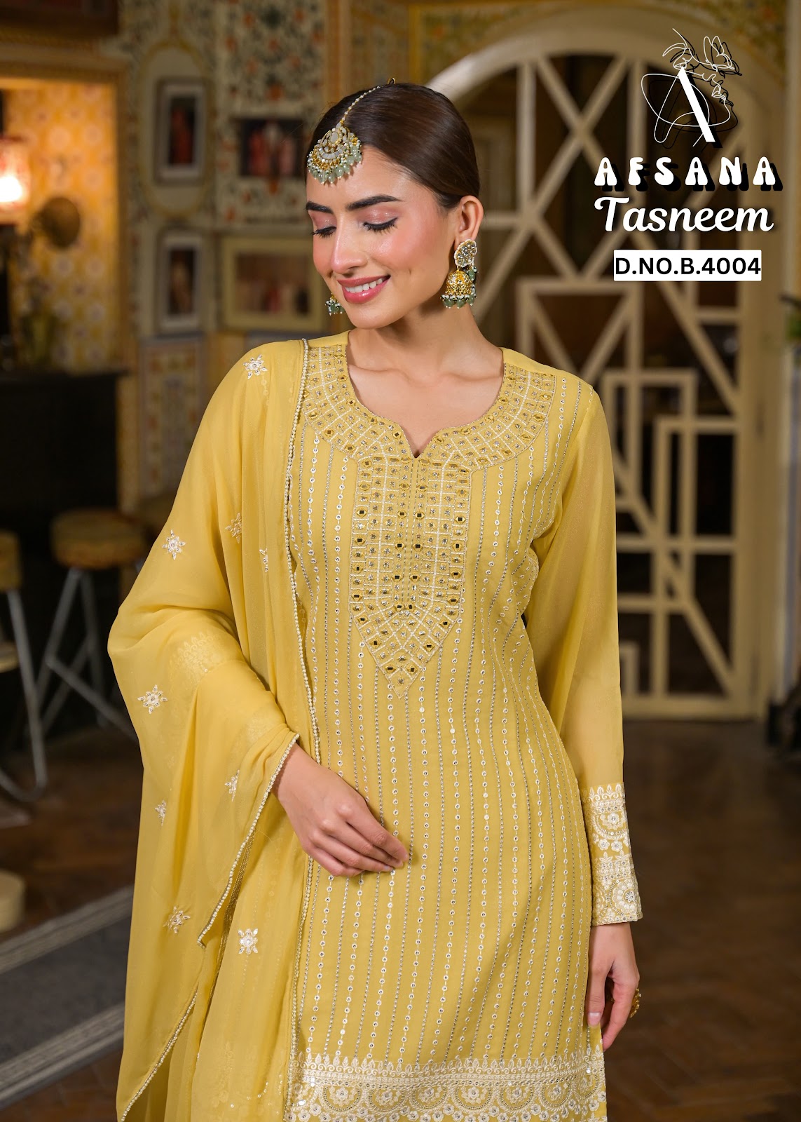 तस्नीम अफसाना जॉर्जेट रेडीमेड प्लाज़ो स्टाइल सूट थोक