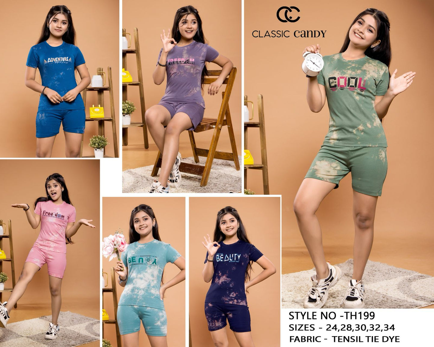 Th199 Classic Candy Tie Dye Girls Shorts Set Wholesale Rate