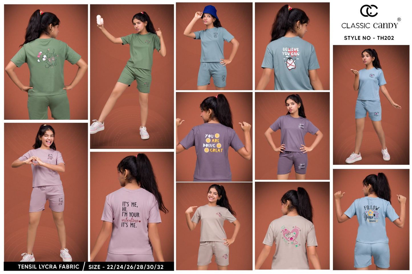 Th202 Classic Candy Lycra Girls Shorts Set Wholesale