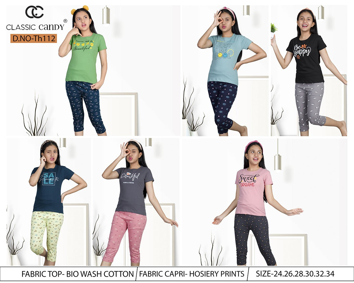 Th 112 Classic Candy Cotton Girls Capri Night Suits