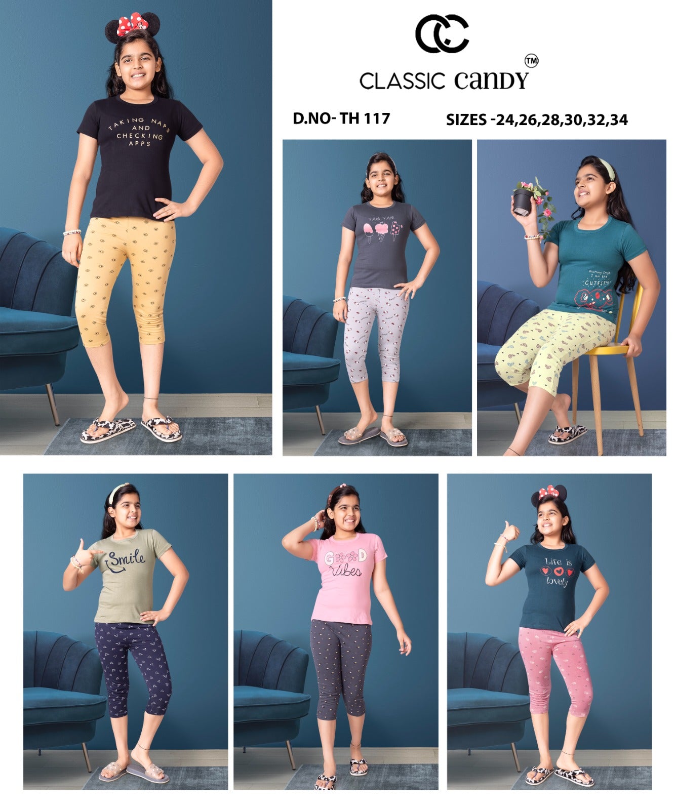 Th 117 Classic Candy Cotton Girls Capri Night Suits