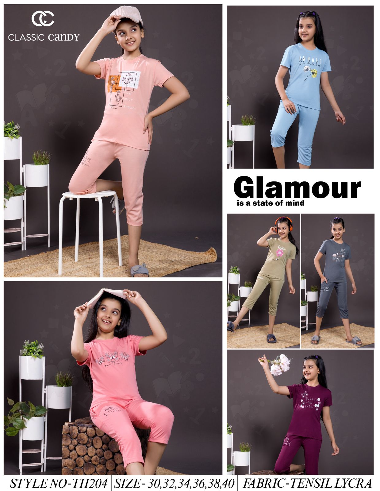 Th 204 Classic Candy Tencil Lycra Girls Capri Night Suits Wholesaler