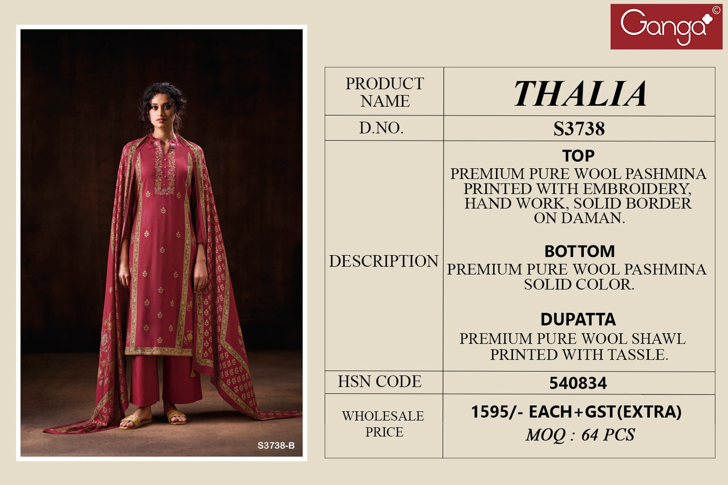 Thalia 3738 Ganga Pashmina Suits Wholesale Rate