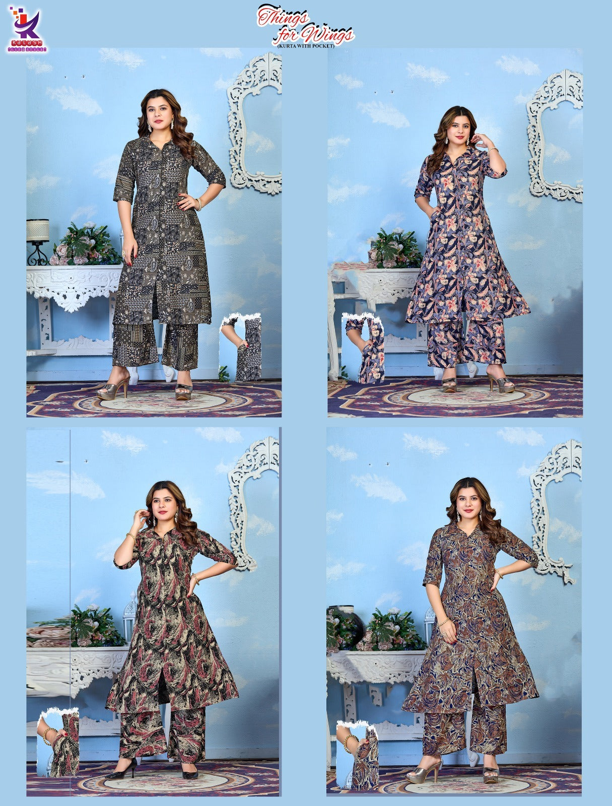 Things For Wings Mlm Kalash Lifestyle Rayon 14Kg Kurti Plazzo Set Wholesaler Ahmedabad