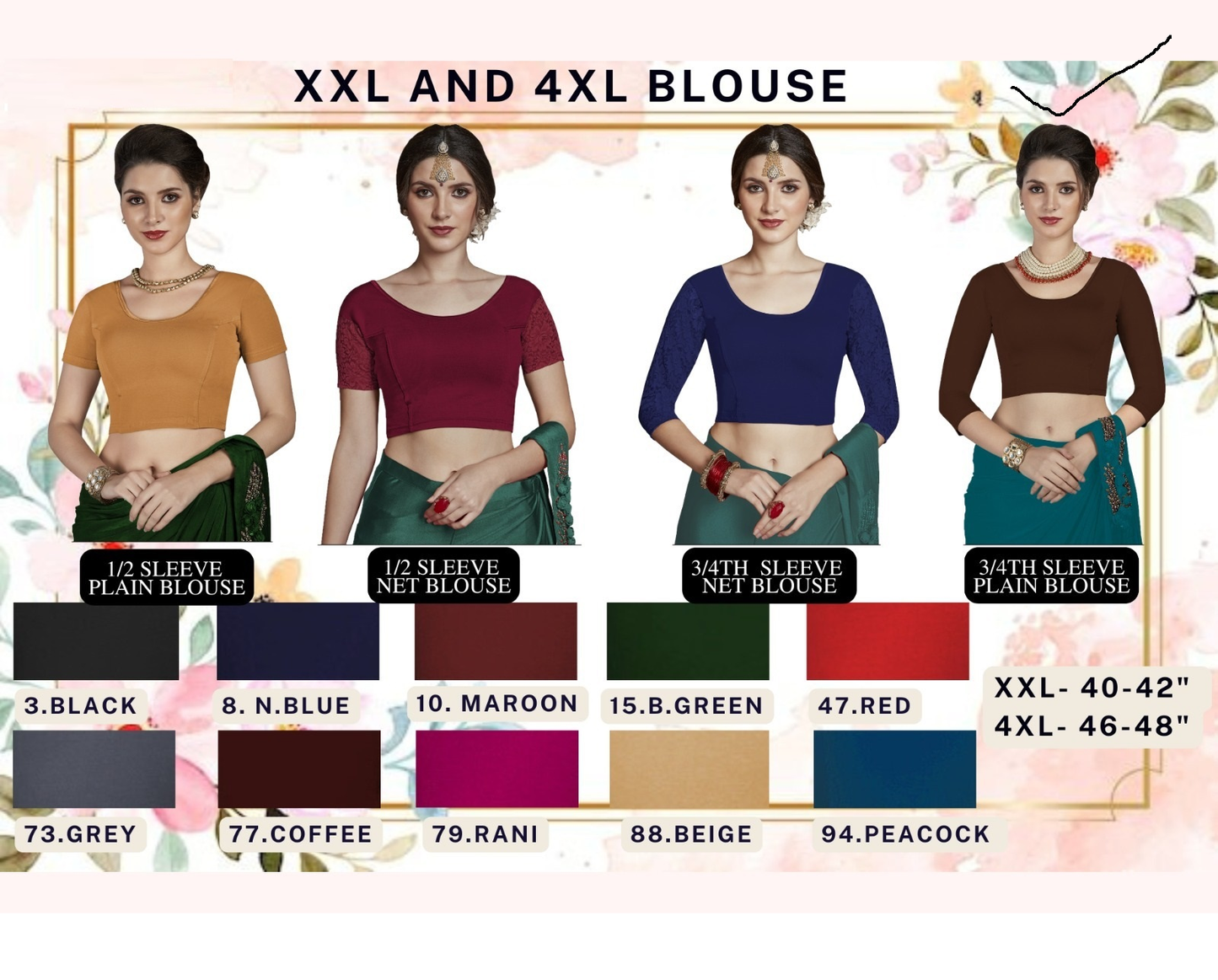 Three Fourth Sleeve Plain Xxl 4Xl Size Jisha Blouse Supplier Ahmedabad