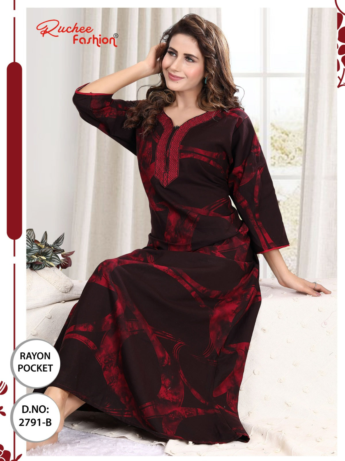 तीन चौथाई आस्तीन रेयान पॉकेट रुची फैशन नाइट गाउन थोक