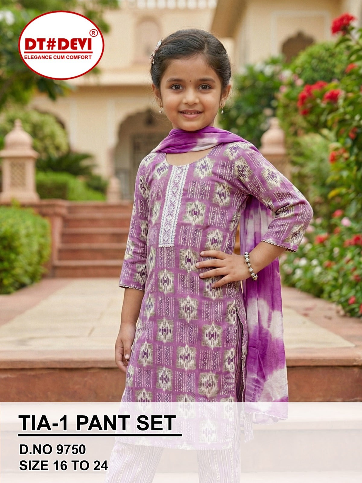 Tia 1 Dn 9750 Dt Devi Capsule Print Girls Readymade Pant Suits Wholesaler