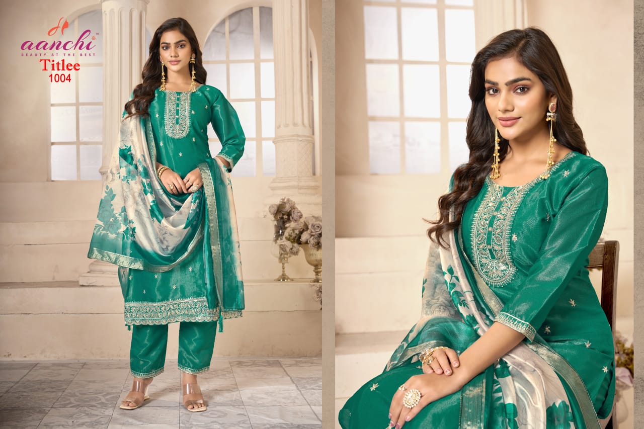 Titlee Aanchi Tissue Simmer Readymade Pant Style Suits Supplier Ahmedabad
