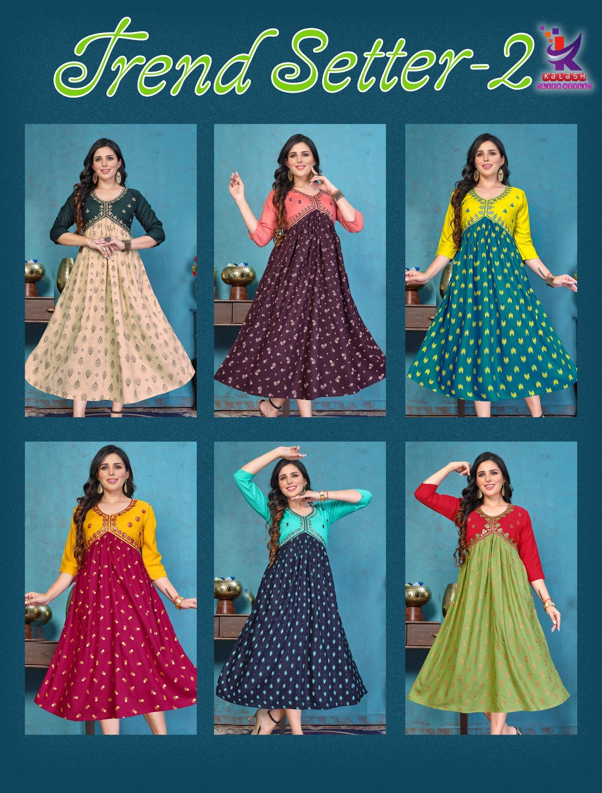 Trend Setters Vol 2 Mlm Kalash Lifestyle Rayon 14Kg Anarkali Kurtis Manufacturer India