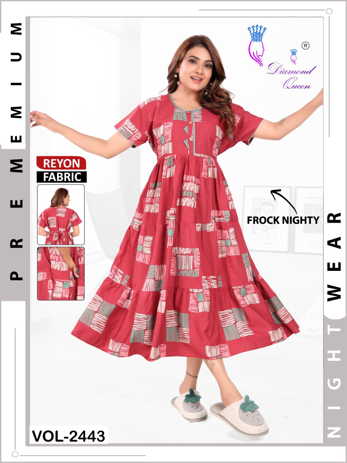 Triple Frill Diamond Queen Rayon Short Night Gown Wholesale Price