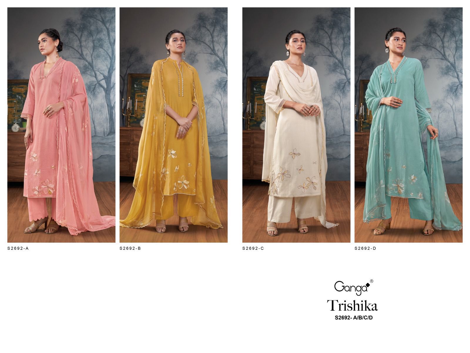 Trishika 2692 Ganga Muslin Jacquard Plazzo Style Suits Wholesaler