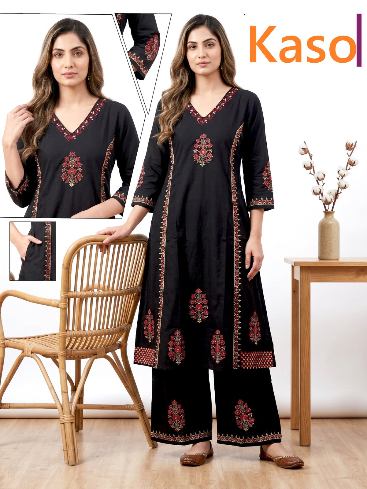 V-Neckline 0605 Kaso Dhabu Cotton Kurti Plazzo Set Exporter Gujarat