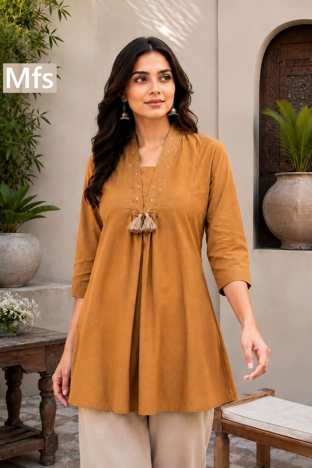 V-Neckline Tassel Tie Mfs Cotton Designer Long Top Wholesaler Ahmedabad